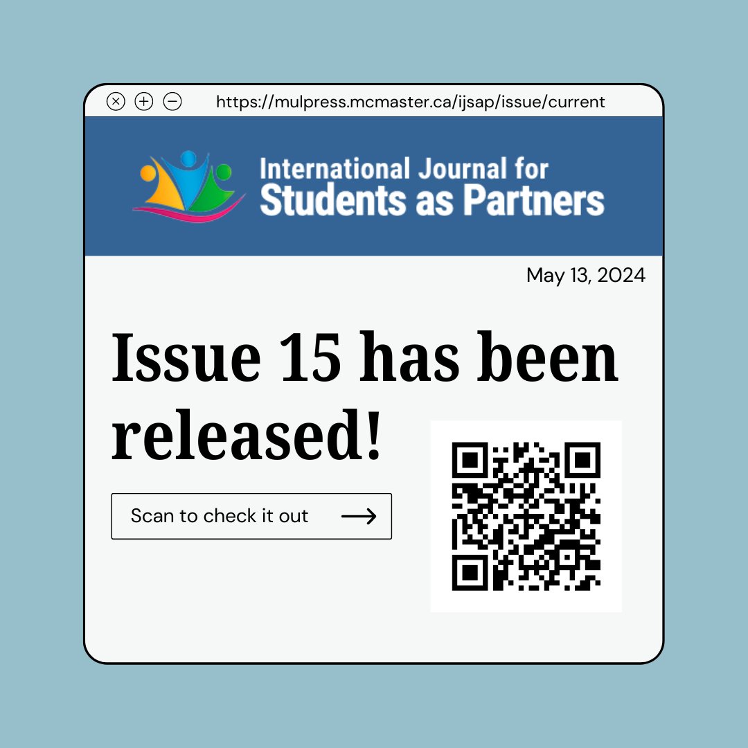 🎉 We are delighted to let you know that the 15th Issue of the @InterJournalSaP can be found at: mulpress.mcmaster.ca/ijsap/issue/cu… Altogether, 42 students and 44 staff/faculty from 13 countries contributed to this issue of 287 pages. Check it out!