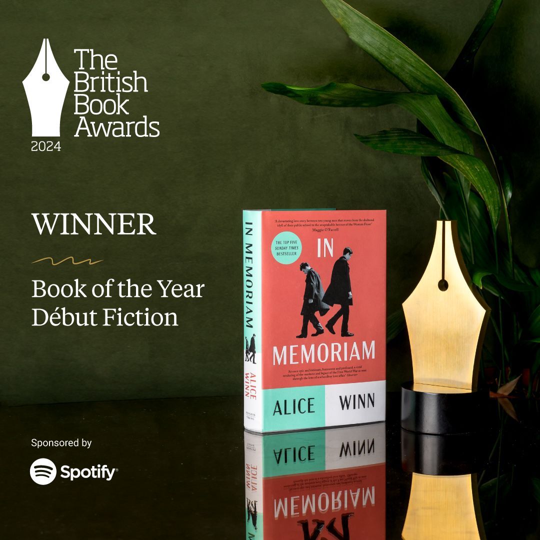 Now for the winner of Book of the Year: Début Fiction (sponsored by @spotifyuk) is IN MEMORIAM by Alice Winn (@vikingbooksuk). Congratulations! “A really exceptional book that people will be reading for decades”, declared one judge. #Nibbies #BritishBookAwards