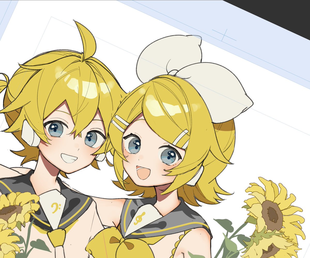 kagamine len ,kagamine rin 1girl looking at viewer smile open mouth short hair blue eyes shirt  illustration images