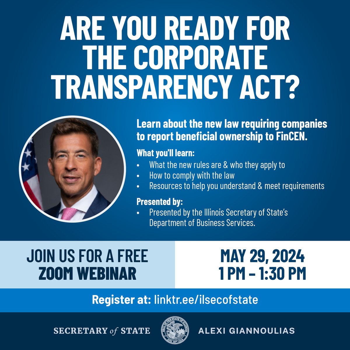 📢 ATTENTION SMALL/MID-SIZED BUSINESS OWNERS! Join us for a FREE webinar on the Corporate Transparency Act. Wednesday, May 29, 2024, from 1 to 1:30 PM. Learn about the new law and gain insights, compliance tips & resources from experts. Register at ⤵⤵: us02web.zoom.us/webinar/regist…