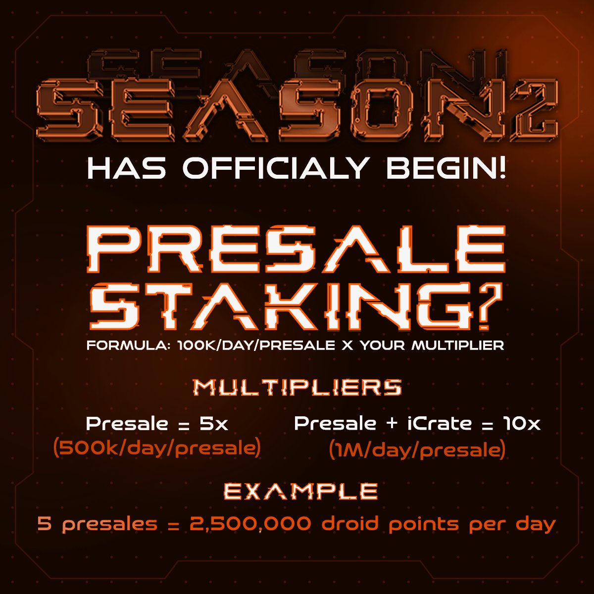 Points Farming Season 1 has now concluded!

$DROIDS Season 2 starts NOW!

Presale Staking live for more daily points💸