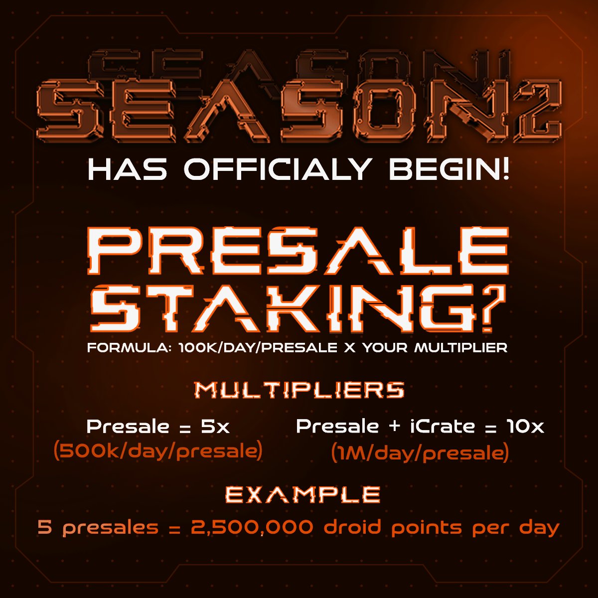 Points Farming Season 1 has now concluded! $DROIDS Season 2 starts NOW! Presale Staking live for more daily points💸