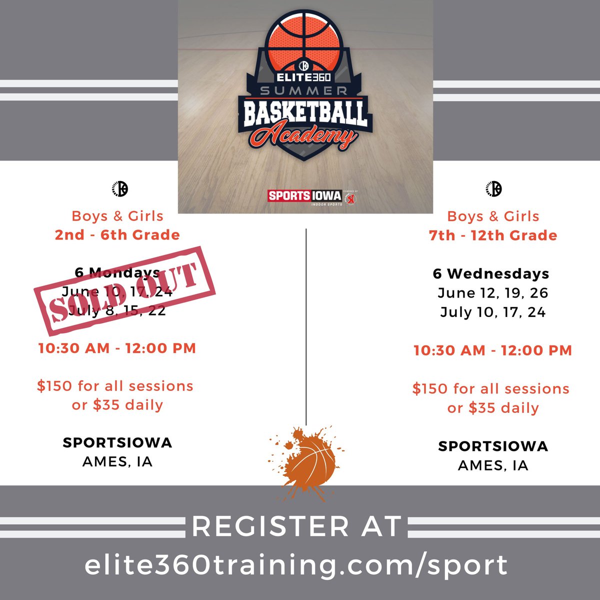 Summer Basketball Academy starts in just a few short weeks! 🏀 ￼ While our Mon. session is full, you can still grab a spot(s) in our Wed. sessions. 2nd - 6th graders can join Wed. also, we group athletes by grade for training. ￼ Register SOON! ➡️ elite360training.com/sport
