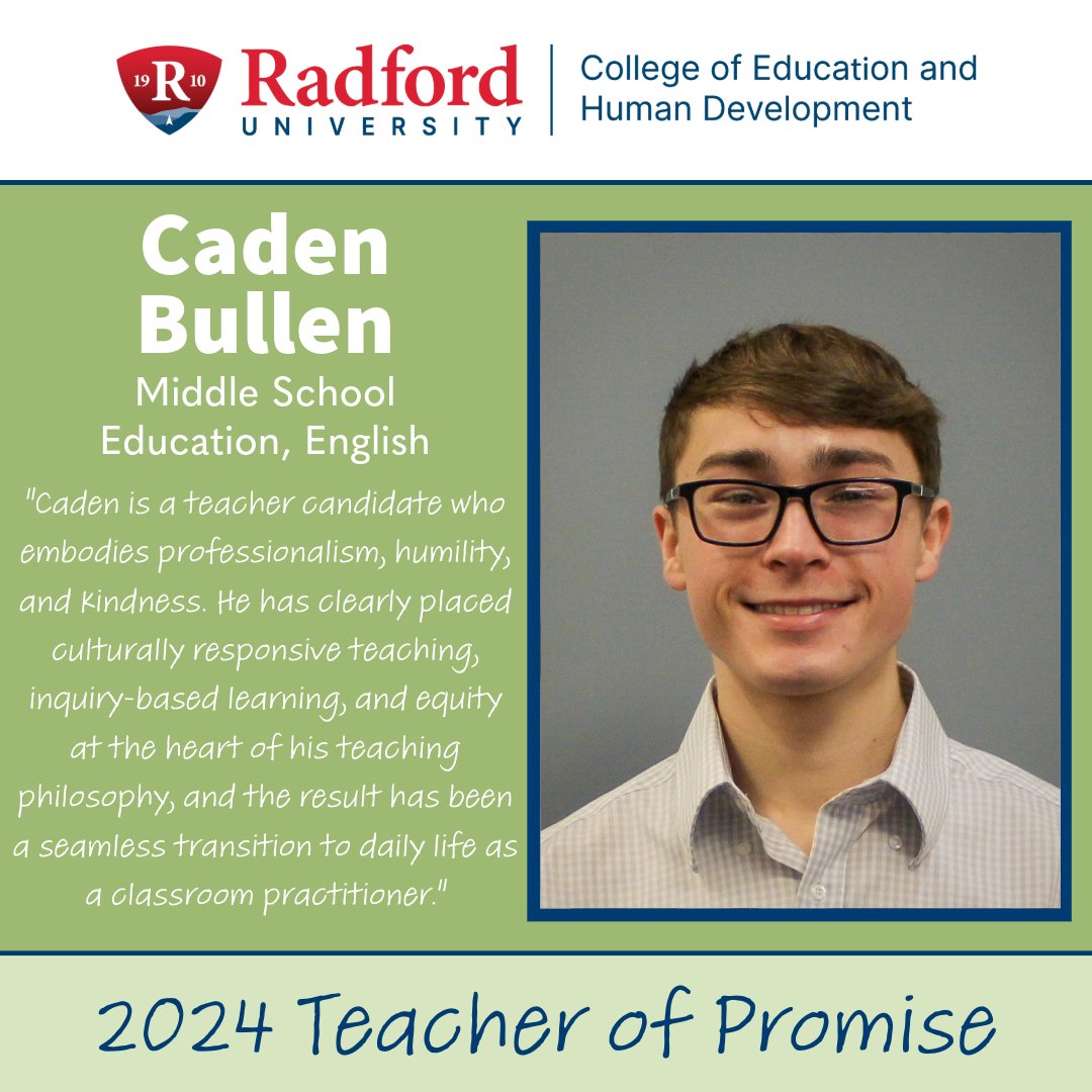 radfordcehd's tweet photo. Congratulations to Caden Bullen who participated in this year's Teachers of Promise Institute!  

Teachers of Promise are future teachers who meet high academic standards, have strong leadership and communication skills, and excel in student teaching.  

#topinstitute https://t.co/O2HKjt6mMY
