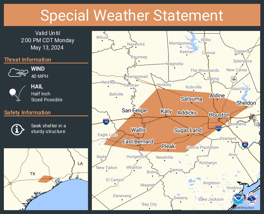 A special weather statement has been issued for Houston TX, Sugar Land TX and Missouri City TX until 2:00 PM CDT