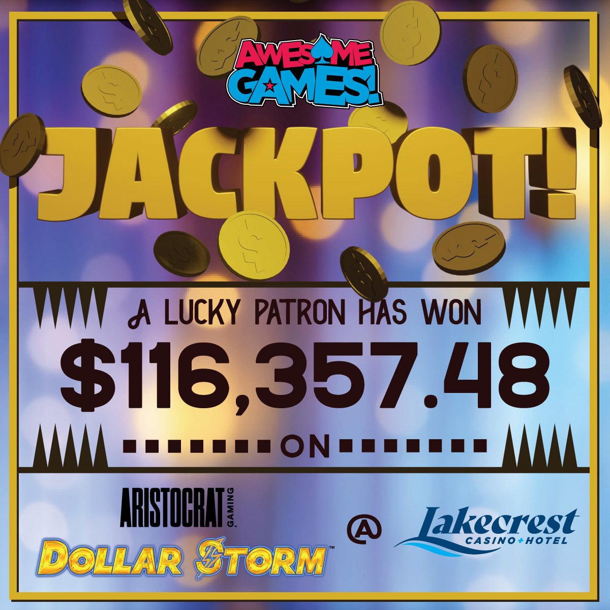 GamingCapitalG1's tweet photo. 🎰💰 Just in! Witness the latest jackpot triumph on Aristocrat's Dollar Storm - Caribbean Gold at Lakecrest Casino! 🌴💥 #JackpotWinner #LakecrestCasino https://t.co/opDrC3HTWM