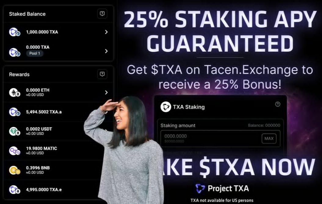 UsoroEmmanuel's tweet photo. The $TXA utility token of @Project_TXA facilitates secure, non-refundable transactions within #ProjectTXA's decentralized settlement layer, including its innovative Hybrid Decentralized Exchange (#hDEX) developed by @tacen_app Inc.
It is worthy of note that, #TXA token enables convenient, ultra-secure, and private exchanges while maintaining trust. ๐
Join me in staking this token to earn rewards in $BNB, $ETH, $MATIC and $USDT.
โ๏ธโ๏ธ https://t.co/hHJOc4odmn