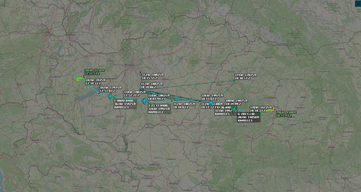 TieDyeIntel's tweet photo. I haven't this seen before- military planes from 4 different countries all running the same callsigns.

French A400M #3B775E F-RBAV RAMILLE1
Spanish A400M #3532CA T.23-11 RAMILLE2
German A400M #3F61AA 54+26 RAMILLE5
2x Dutch C130 #480C05 G-781 RAMILLE3 &amp; #480C06 G-988 RAMILLE4 https://t.co/wuMTK2FgQ2