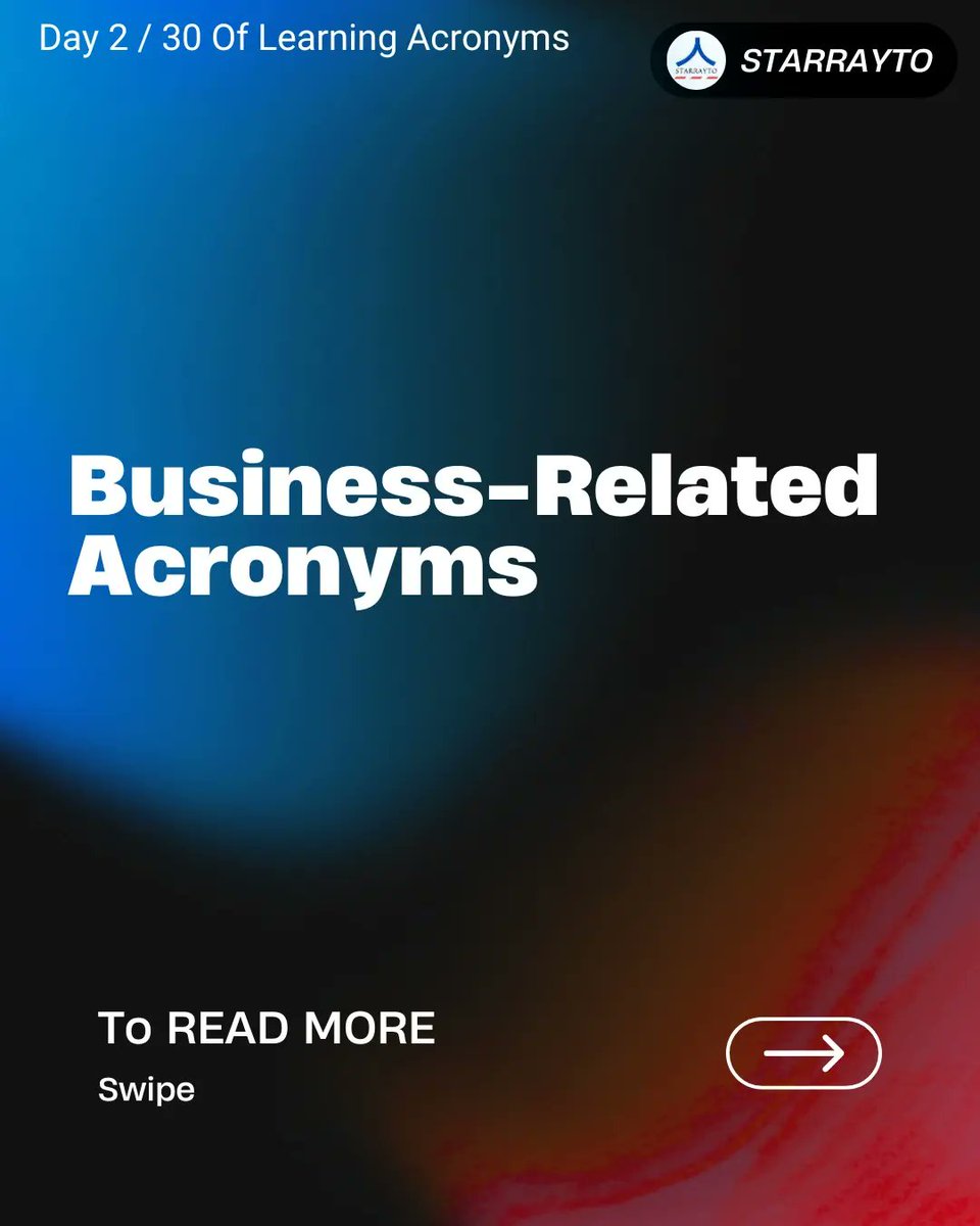 starrayto's tweet image. Business-related Acronyms
Day 2 / 30 Of Learning Acronyms
#acronyms  #acronympresto #shortforms #shortformseries #digitalmarketing
#digitalmarketingtips #digitalmarketingstrategy
#marketing #marketingdigital #marketingagency
#useful #usefultips #usefulphrases #savetime #business