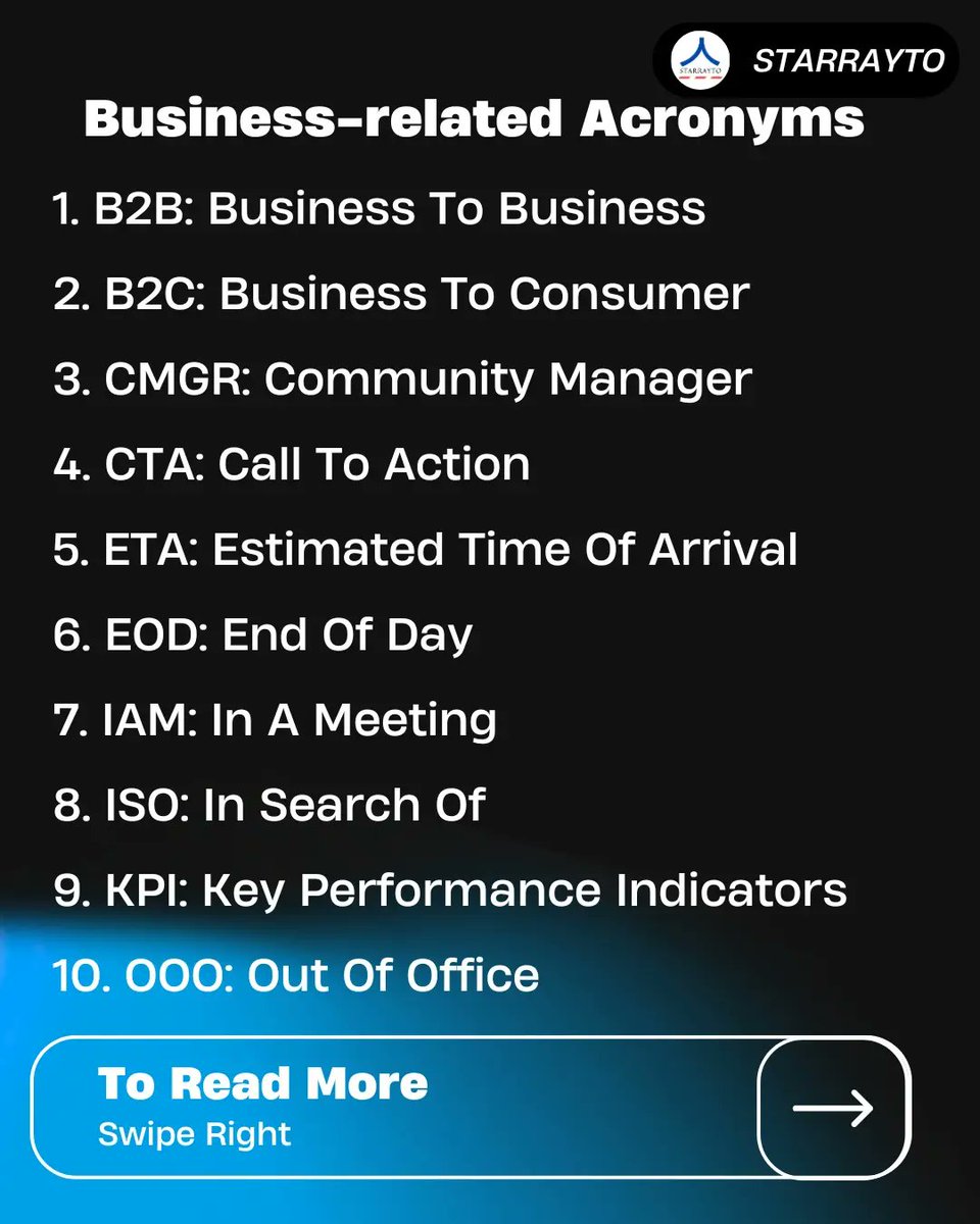 starrayto's tweet image. Business-related Acronyms
Day 2 / 30 Of Learning Acronyms
#acronyms  #acronympresto #shortforms #shortformseries #digitalmarketing
#digitalmarketingtips #digitalmarketingstrategy
#marketing #marketingdigital #marketingagency
#useful #usefultips #usefulphrases #savetime #business