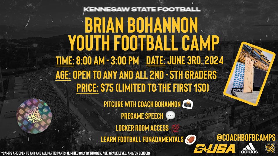 ☀️SUMMER☀️TIME⏰IS APPROACHING❗️ THAT MEANS YOUTH CAMP IS ALMOST HERE❗️ PARENTS 📝🆙 FOR YOUR KIDS TO HAVE AN AMAZING DAY WITH THE 🏈 STAFF🦉
Register at - brianbohannoncamps.totalcamps.com/shop/EVENT