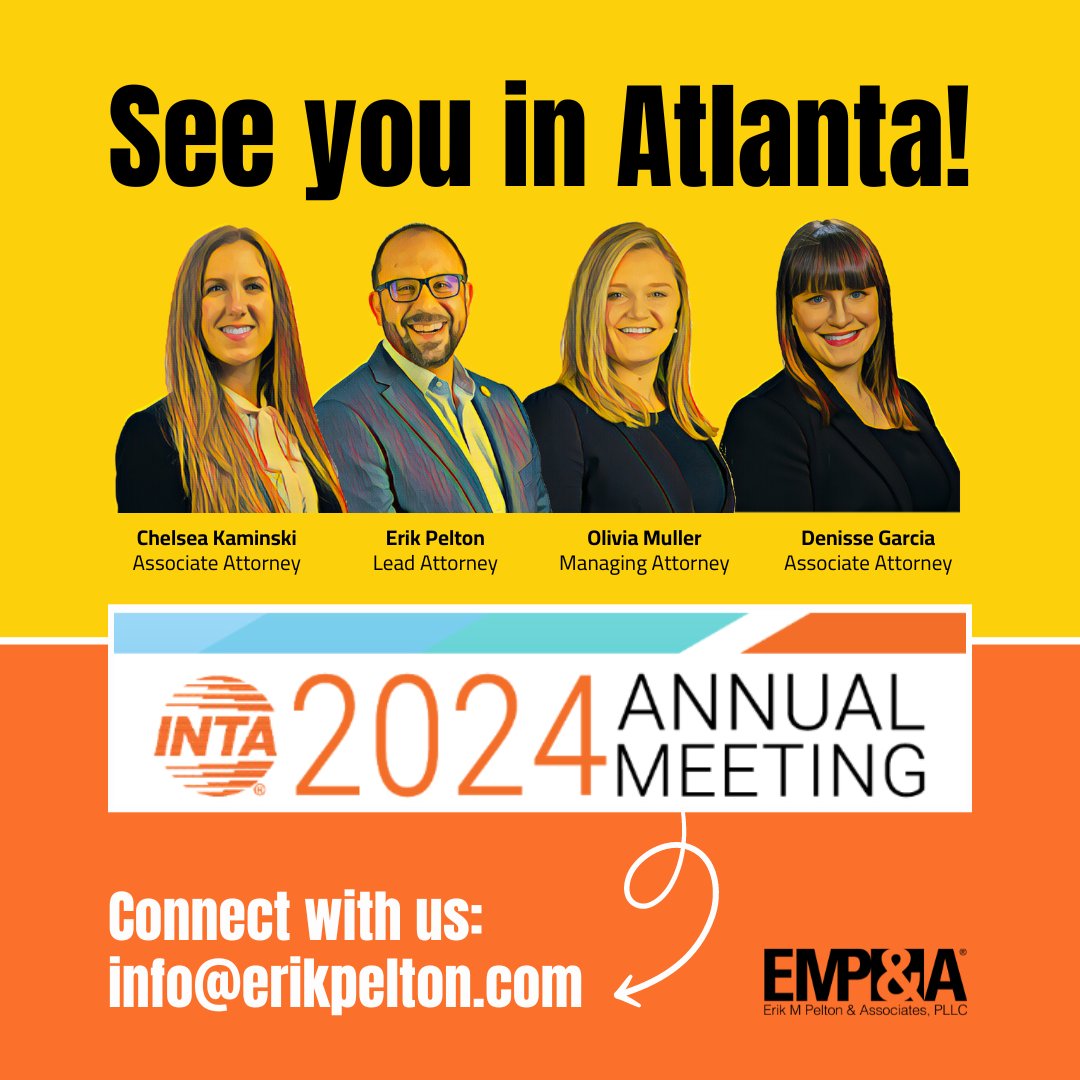 We are thrilled to be attending #inta2024 June 18-22. Schedule with us at info@erikpelton.com. See you in Atlanta! #smallbiz #brandidentity #trademarklawyer #brandprotection #marketing #trademark #branding #smallbusiness #advertising #iplaw #trademarkregistration #trademarklaw