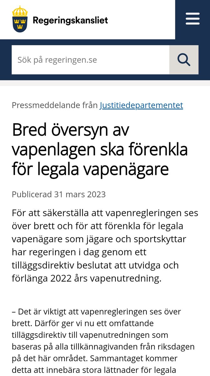 Man kan fråga sig på vilka grunder regeringen tillsatt utredaren? Vi blev lovade förenklingar för legala vapenägare men fick istället förslag på drakonisk lagstiftning med mängder av rejäla inskränkningar. 🤮 @moderaterna @sdriks @kdriks @StenBergheden @AdamMarttinen