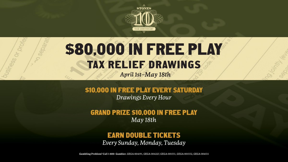 Feelin' lucky? Our $80,000 Free Play Tax Relief drawings are going on through May 18th 💰 Stop by Saturday, 5/18 for the Grand Prize drawing! Learn more: stonesgamblinghall.com/table-games-ta… #StonesGamblingHall #Cardroom #Casino #TableGames #gambling #Poker #gaming #Sacramento #tablegame