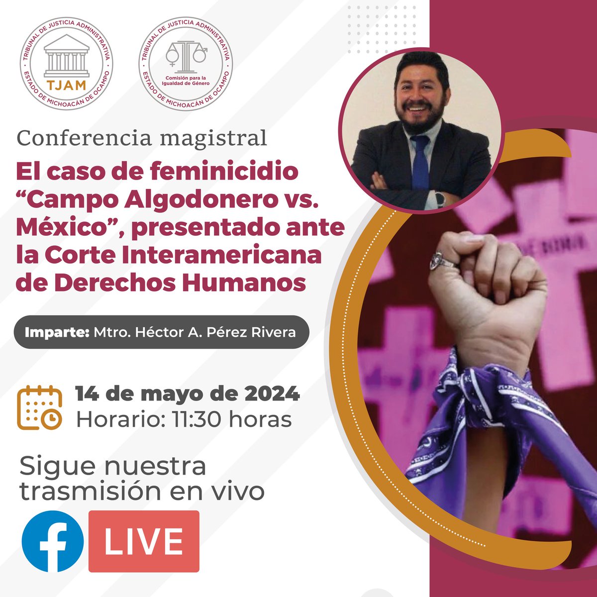 TaamTja's tweet photo. #invitación📧

El #TJAM les invita a acompañarnos, vía virtual, a la Conferencia magistral que ofrecerá mañana martes a las 11:30 horas el Mtro. Héctor A. Pérez Rivera, sobre el caso “Campo algodonero” donde participó como parte del equipo estratégico jurídico de las víctimas. https://t.co/A6yeEce4ie