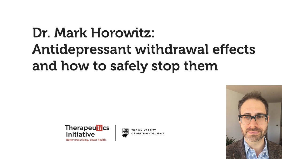 🎺 #Deprescribing webinar recording 🧑🏽‍💻

Antidepressant withdrawal effects & how to safely stop them: ti.ubc.ca/antidepressant…

✅Maudsley approach to deprescribing #antidepressants
✅Hyperbolic tapering
✅Distinguishing withdrawal effects

#MedEd #medsafety #antidepressants