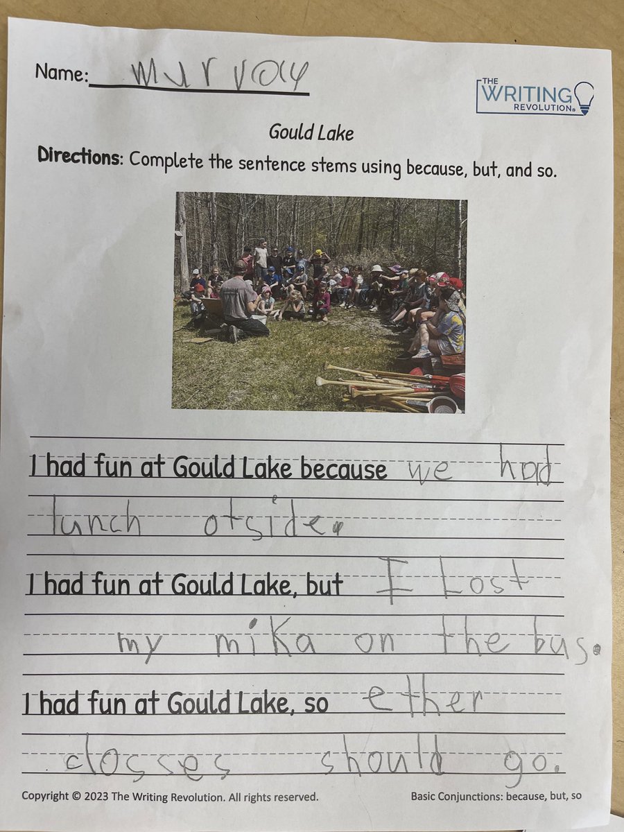 Great writing happening in Grade 1 with <a href="/TheWritingRevol/">The Writing Revolution</a>! Using our experience from our trip to Gould Lake to write because, but, so sentences. Looking forward to tomorrow’s session with <a href="/LITLearningLDSB/">Erika Chesnick</a> and <a href="/JoFergusonLDSB/">Jo Anne Ferguson</a>