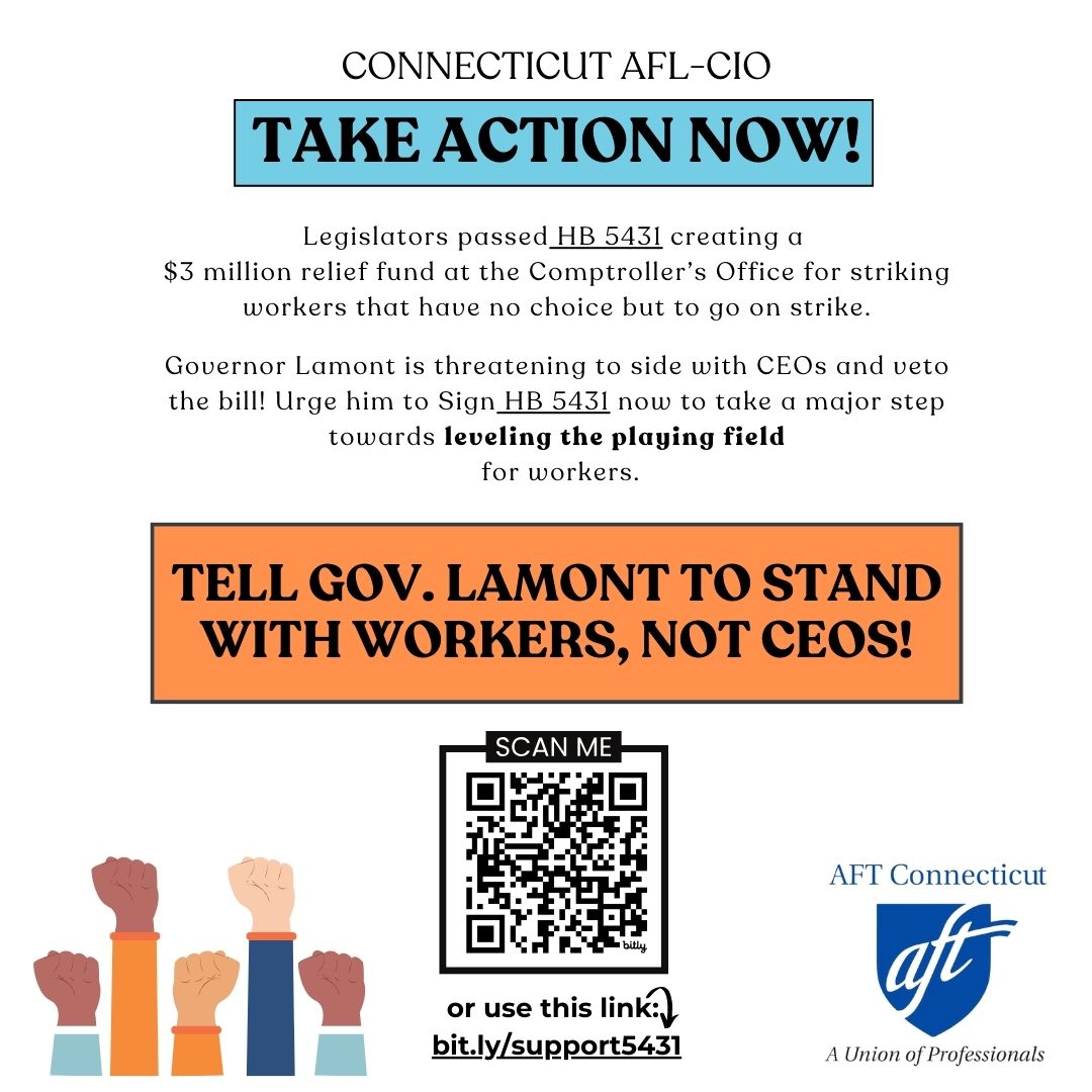 Send letter now urging @GovNedLamont sign-not veto-recently passed law extending #UIforStrikingWorkers: act.aflcio.org/letters/tell-g…; stand w/working people not CEOs! #LevelThePlayingField @AFTUnion @AFTHealthcare @AFLCIO @ConnAFLCIO