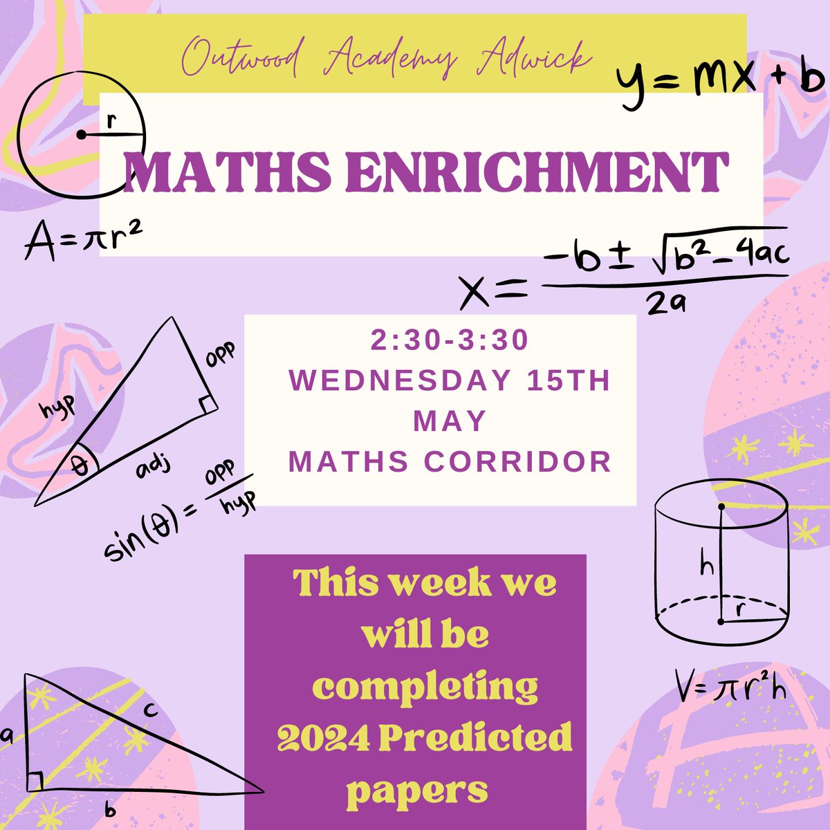 A reminder that this week Maths enrichment for year 11 will take place on Wednesday. #OAADMATHS