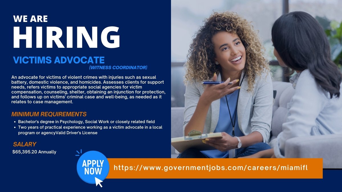We are currently #hiring for the position of Victims Advocate (Witness Coordinator.)

If you are a dedicated and compassionate individual with a strong commitment to supporting and empowering survivors of various forms of trauma and injustice, then apply today: