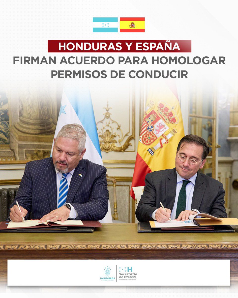 📌El canciller de la República de Honduras @EnriqueReinaHN y el canciller de España, José Manuel Albares Bueno, firmaron el Acuerdo de Reconocimiento Recíproco y el Canje de los Permisos de Conducción Nacionales.