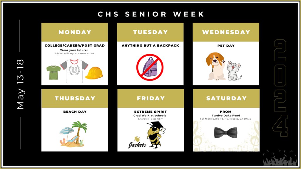 🌧️🎒 NEW Updates for Senior Week! 🐾🏖️ Due to potential rain, a few tweaks have been made to keep the fun flowing: Tuesday: Anything but a Backpack Day Wednesday: Pet Day Thursday: Beach Day Friday: Extreme Spirit Day