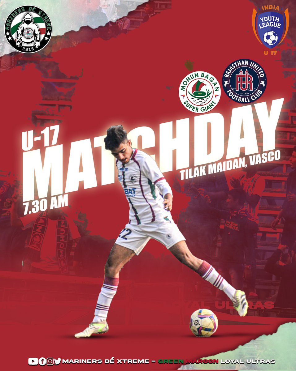 Our #Mariners will face Rajasthan United in an encounter in U-17 youth league final Round ✌️ Let's make the morning shiny ☀️ #MohunbaganSuperGiants #SeasonSchedule #JoyMohunBagan 👑 #GreenMaroonloyalUltras 😈 #Mariners #MohunBagan #Mdx 💥 #UltrasMohunBagan #Ultras #MbAc1889