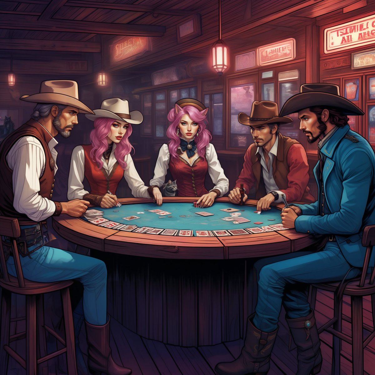 The dusty western saloon, with its wood-paneled walls and lantern lighting, was known for its legendary poker games. The pink haired sisters always joined the table together.

#AIart #AIArtwork #aigirl #aiart #AIイラスト #AI美女 #ComfyUI