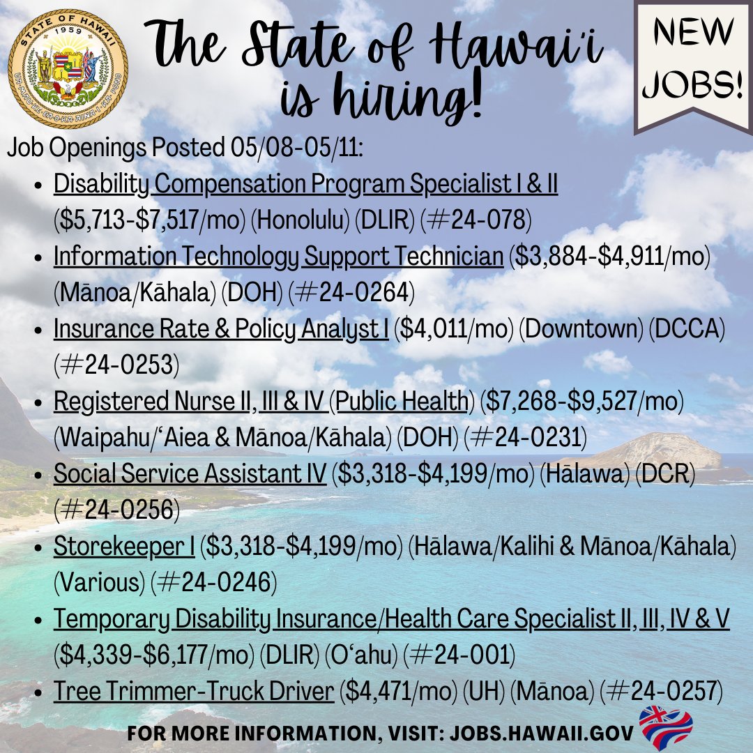 The State of Hawai'i is #hiring on #Oahu. Please visit jobs.hawaii.gov for more information and to apply. 
@hawaiidoh @hawaiidcr @dccahawaii @HI_DLIR @uhmanoa
#hawaiiishiring #stateofhawaii #statejobs #oahujobs #jobopenings #recruitment #civilservice #publicservice