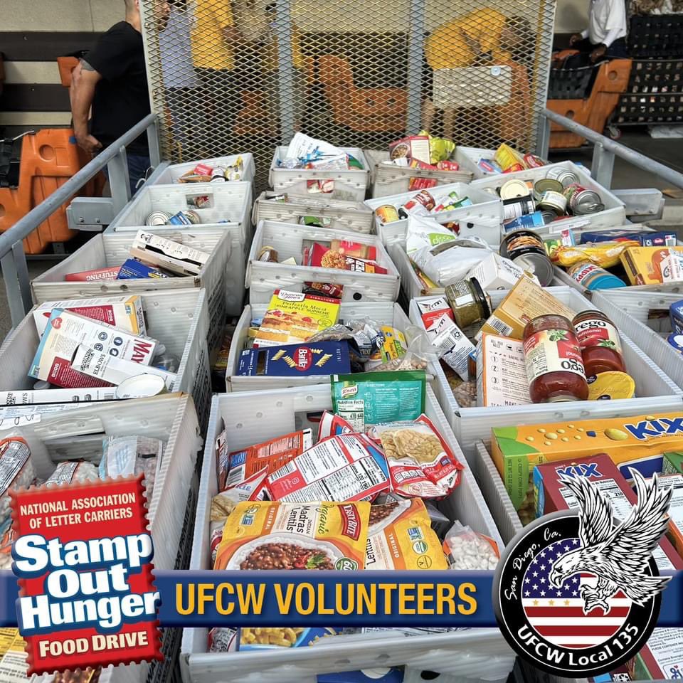 For the 2nd year in a row UFCW Local 135 volunteered in the @NALC_National @StampOutHunger food drive. Many thanks to our hardworking members, staff, supporters, and family that helped out at the Encanto, Grantville, and Linda Vista post offices this past Sat afternoon!