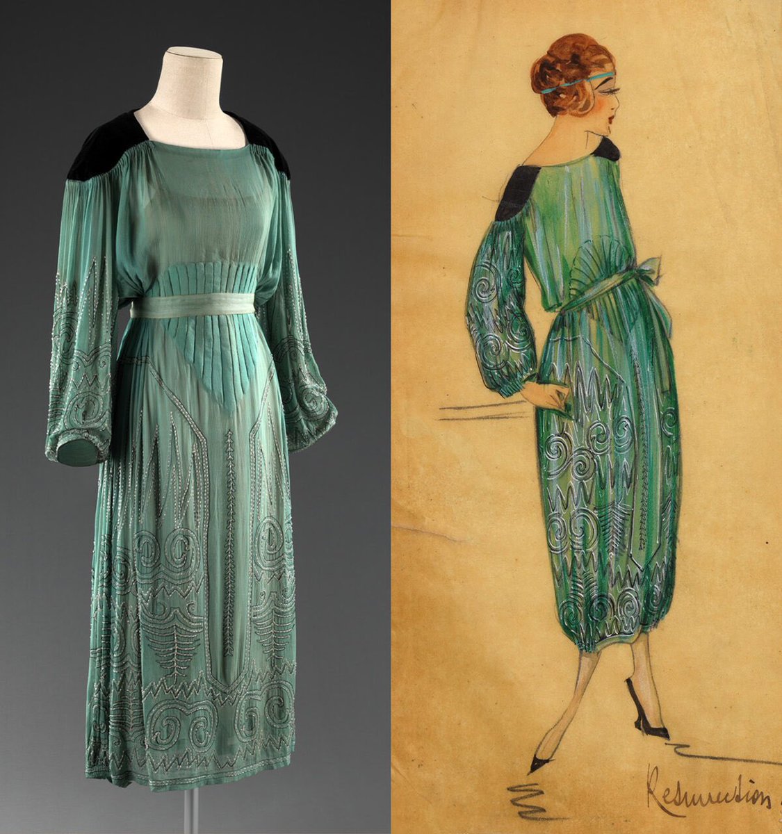 It is fascinating to see how a designer envisaged a garment alongside the actual piece. Glowing turquoise in crepe & velvet with a twinkle of beads were captured on paper by #Lanvin in 1919 & brought to life in cloth. #patrimoinelanvin #fashionhistory