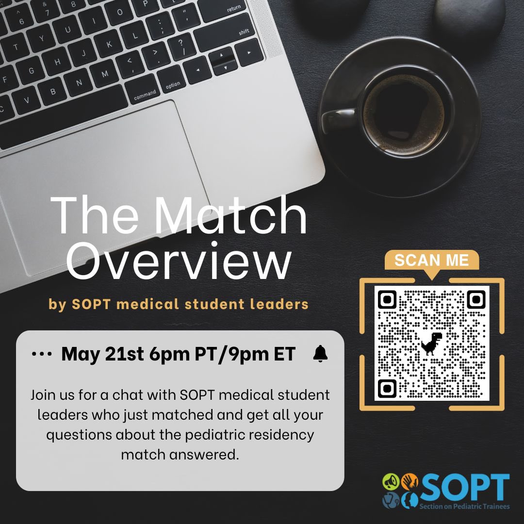 Check out these webinars for medical students in pediatrics brought to you by Section on Pediatric Trainees (SOPT): ⭐️Pediatric residency/fellowship match talk for IMG on May 16th at 5pm PT/8pm ET ⭐️The Match Overview by SOPT medical student leaders on May 21st at 6pm PT/9pm ET