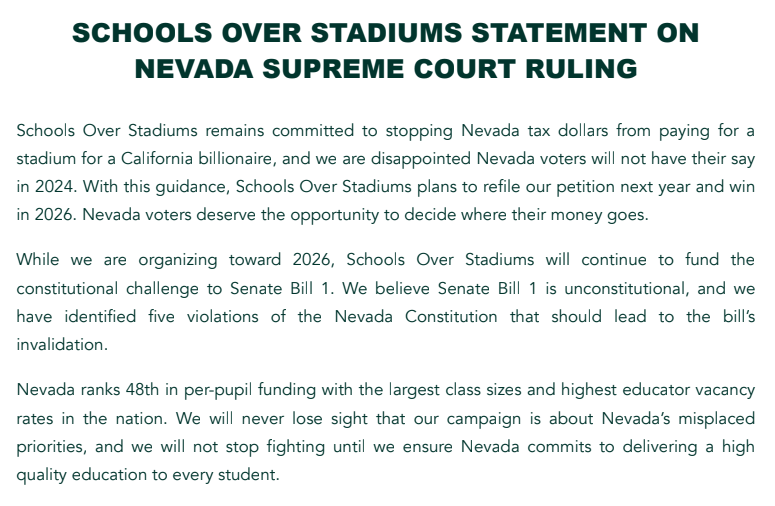 In a statement, @EduOverStadiums says it 'will continue to fund the constitutional challenge to SB1' and plans to refile the petition next year.'