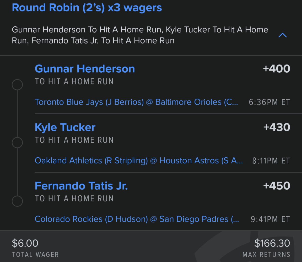MathTeachBets's tweet image. Feel free to swap Henderson for Santander both have been relatively hot.  
Tucker has hit a HR in 5 of his last 6.  Can't believe I missed him yesterday.  When someone's on fire you ride it till the fire dies.