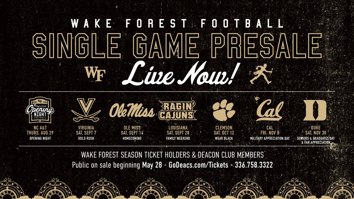Single game presale tickets are NOW OPEN for @WakeFB season ticket holders! Secure your spot to see the Deacs in action this fall ⤵️ 🎟️: deacs.info/3ygaWDw