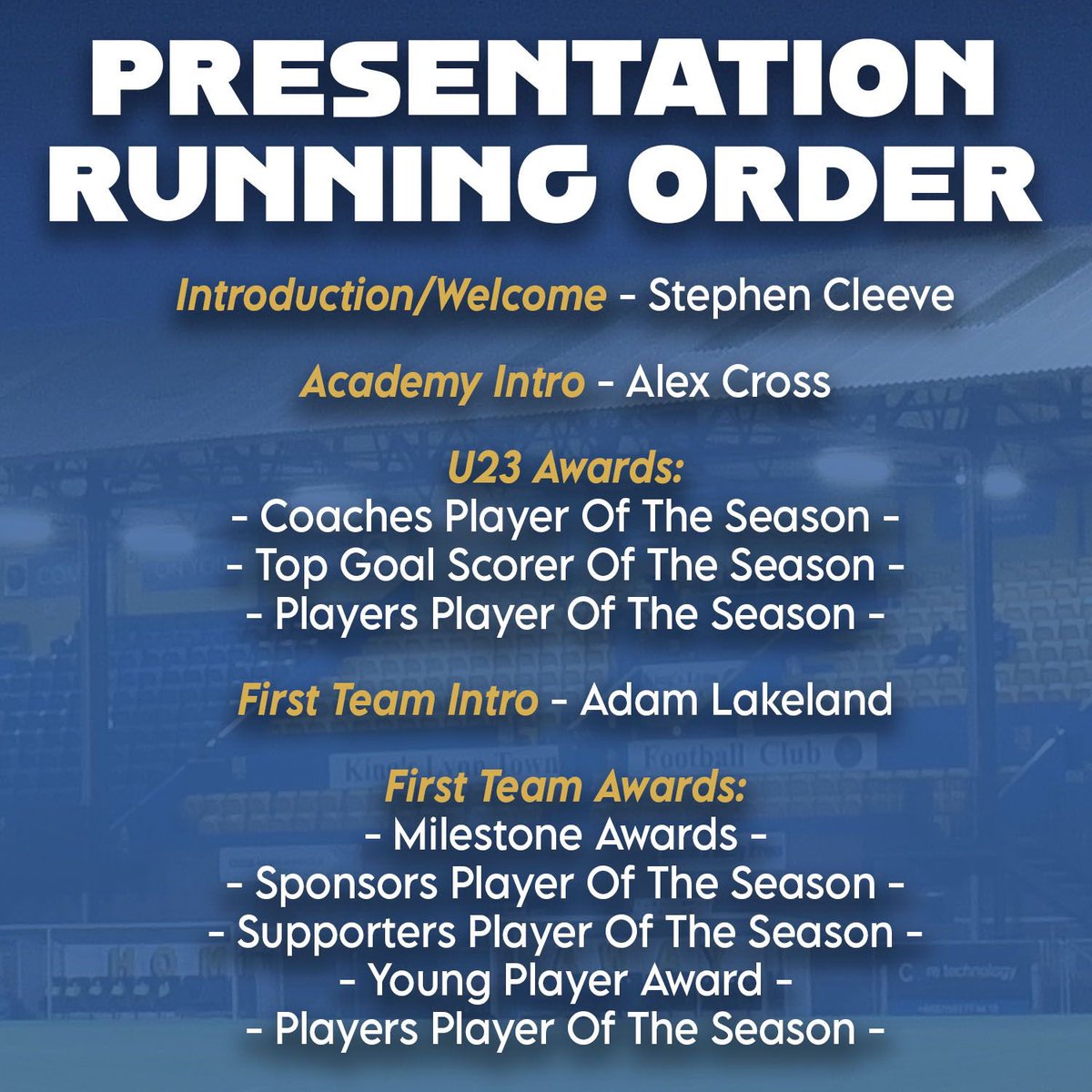 ℹ️ ICYMI: The running order for the presentation night is in, and we’re ready to see you there on Friday night starting at 7.30. And the vote is still open for supporter’s player of the season. ➡️ forms.gle/iN72G3Ty6KZg4P… All details below! 👇 kingslynntownfc.ktckts.com/event/klt2324a…