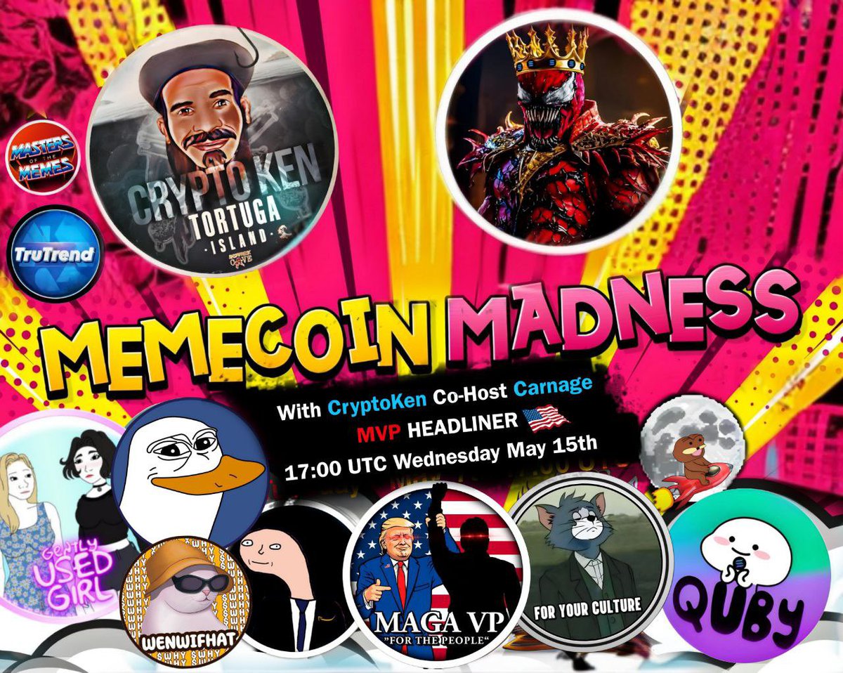 Don’t miss our next #MemeCoin Madness #Spaces with our massive headliner @magaVPcoin $MVP making massive waves in the #PoliFi sector Host: @JustCryptoKen Co-Hosts: @CARNAGE_3000X @Poppastonks When: Wednesday May 15th 17:00 UTC Where: x.com/i/spaces/1owxw… @magaVPcoin…