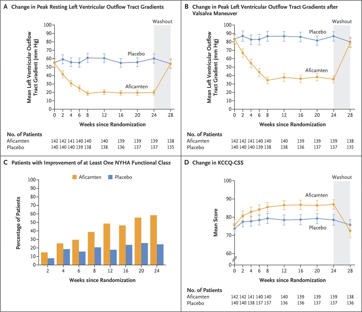 In a randomized trial including 282 patients with symptomatic obstructive hypertrophic cardiomyopathy, treatment with aficamten resulted in a significantly greater improvement in peak oxygen uptake than placebo. In addition, results for all 10 secondary end points were