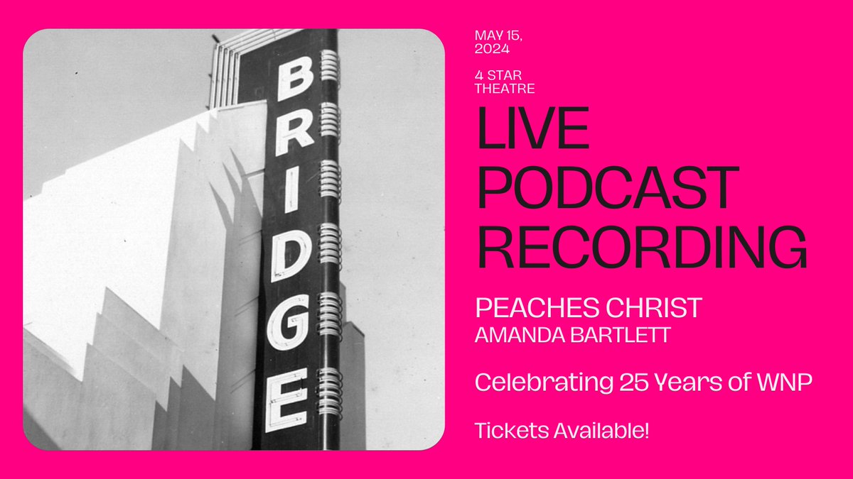 The Bridge Theater on Geary has an epic history thanks to a series of legendary managers like Joshua Grannell (aka <a href="/PeachesChrist/">Peaches Christ</a>). Hear us spill the tea with co-host
<a href="/byabartlett/">amanda bartlett</a> <a href="/4StarTheater/">4 Star Theater</a> this week for our prom-themed 25th birthday bash! Prizes, cake, and more. #WNP25