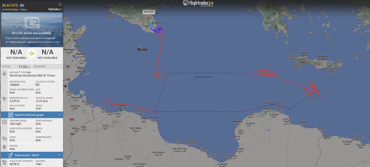 #USNavy MQ-4C triton seen on the flight radar, uav drone operating over the mediterranean sea at the coastline with libya, departure and currently RTB at sigonella naval base italy. #BLKCAT5 #AE7812