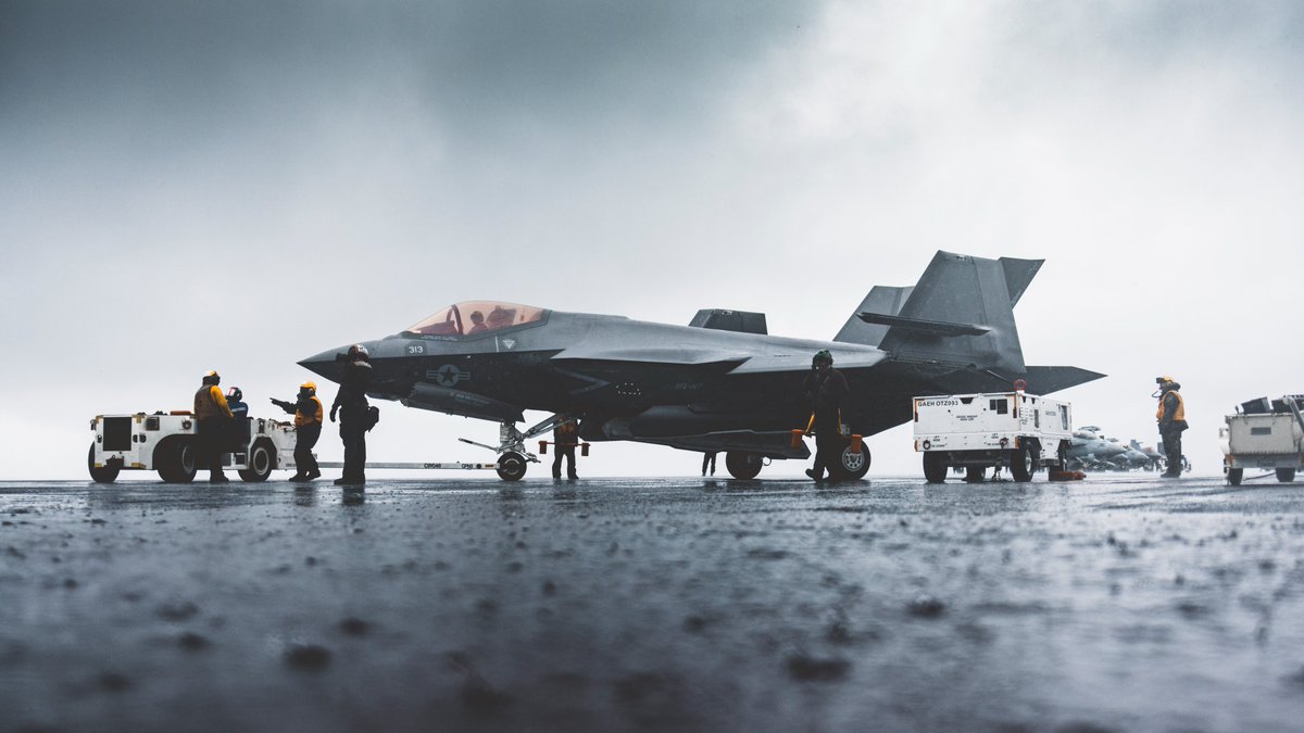 Sailors move an F-35C Lightning II on USS George Washington (CVN 73) in the Atlantic Ocean, May 11. The carrier will conduct passing exercises & ops at sea with partner nation maritime forces in South America during @NAVSOUS4THFLT's #SouthernSeas24 deployment. @USNavy