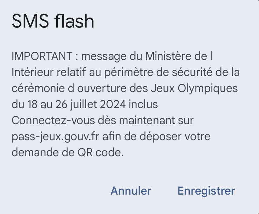 Norajplizz's tweet image. C&apos;est pas censé être en cas d&apos;extrême urgence ? Météo ou alerte attentat ? #smsflash #paris #jo2024