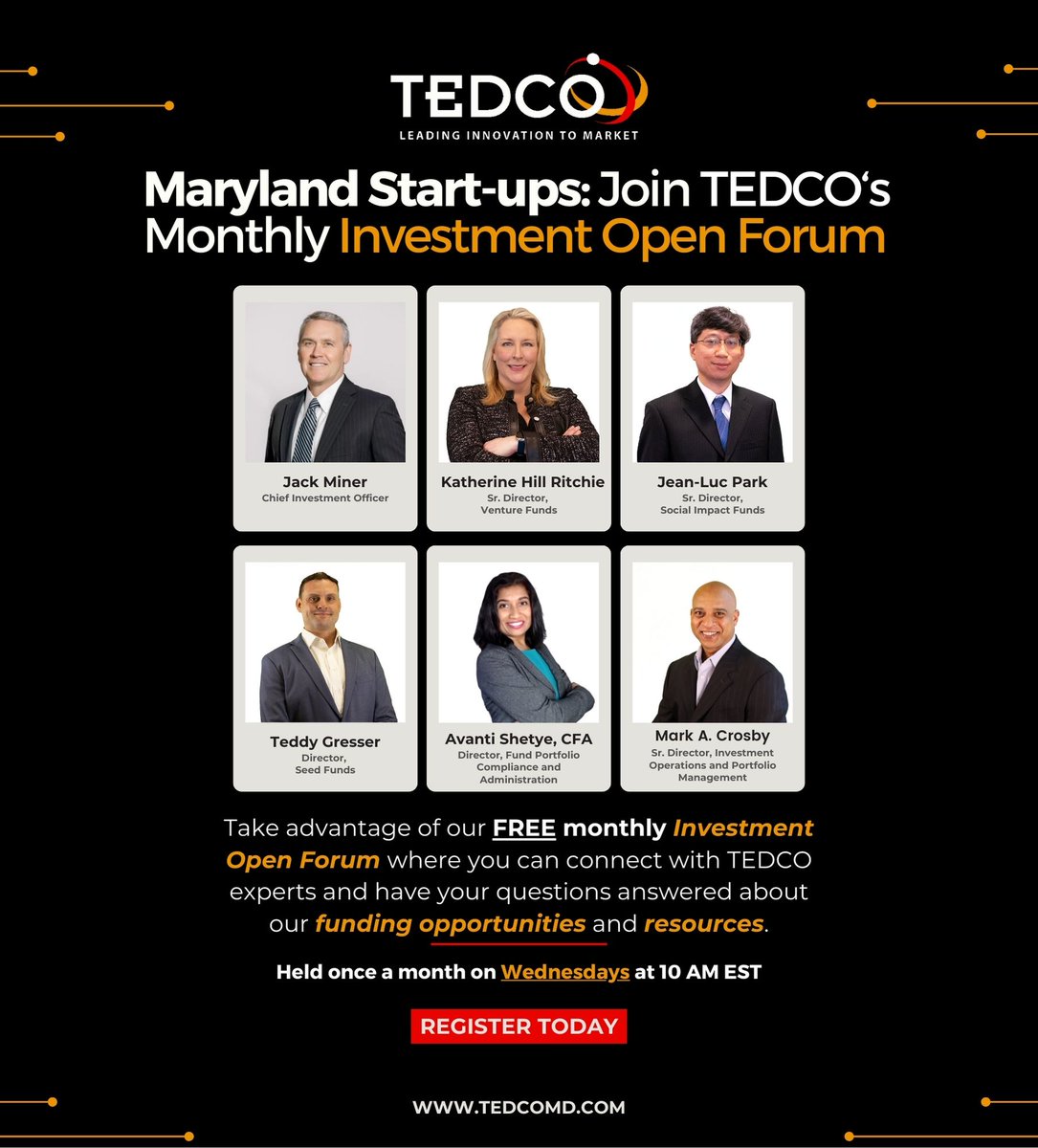 tammithomas's tweet photo. @MDTEDCO offers a variety of investment opportunities for early-stage technology and life science startups. Take advantage of our FREE, virtual monthly Investment Open Forum. Register today https://t.co/d3IOKQhRPx #forum #funding https://t.co/ilq4htXnpq