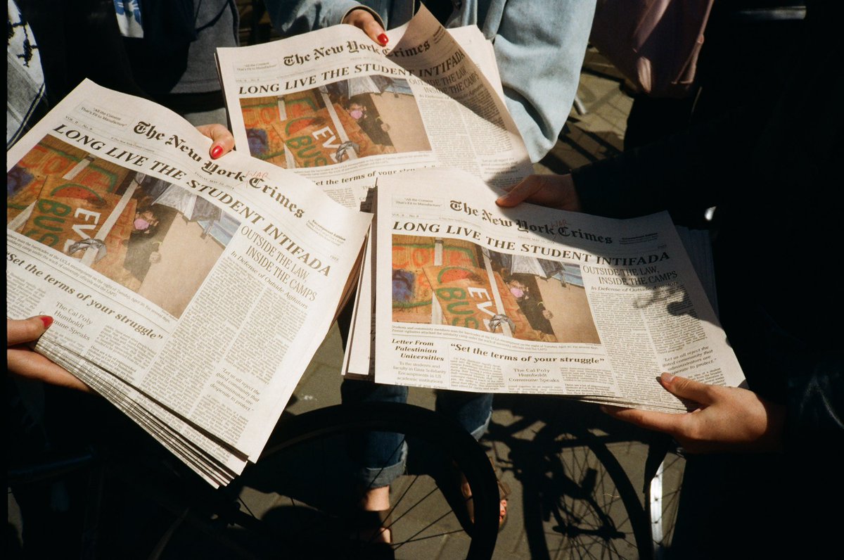 nywarcrimes's tweet photo. LONG LIVE THE STUDENT INTIFADA! Issue #8 of the New York War Crimes—including interviews with Cal Poly Humboldt &amp; students across the country, and commentary on divestment, outside agitators, abolition &amp; scholasticide—is now available at our archive (link and text in thread)! https://t.co/se5LAwyxmX