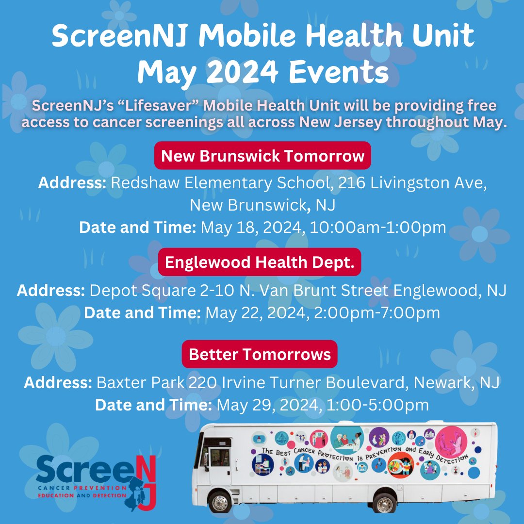 ScreenNJ’s Mobile Health Unit will be traveling across #NewJersey providing #free #cancerscreenings throughout May! See if we are traveling to a location near you. 🚐

#NJ #cancerprevention #cancerawareness