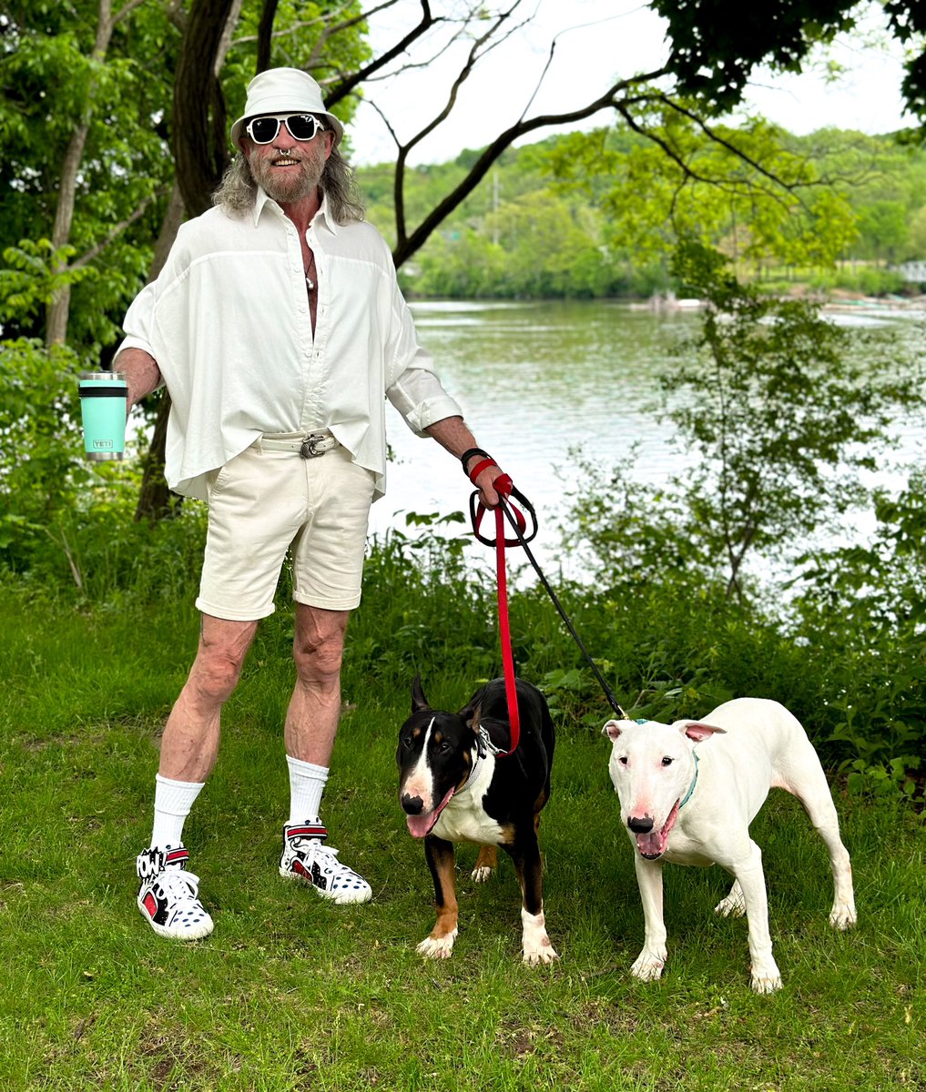 The chaos has subsided some, but it takes both of us to do the morning walk. #YohjiYamamoto shirt #Topman shorts #PierreHardy sneakers #KieselsteinCord belt #ElsaPeretti bottle jug #LouisVuitton “America’s Cup” leather hat #Versace sunglasses