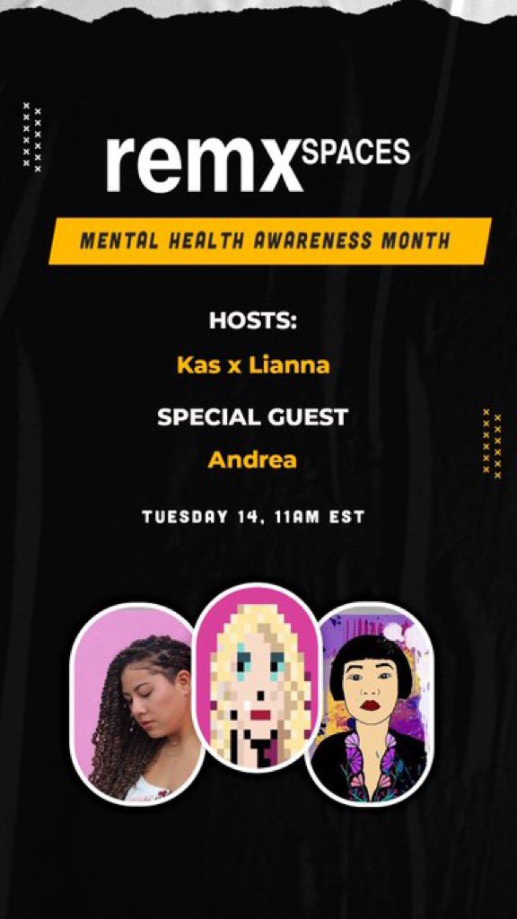 Myself, @kas__vegas from Remx team & @LiannaAdams - a great speaker and mental health advocate, will be hosting a space at 11am EST - an hour before it goes live 💙 will post link below once I have it.