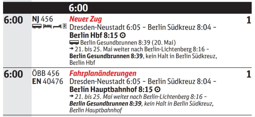 Nicht verwechseln:
NJ 456 nach Berlin Hbf
ÖBB 456 nach Berlin Hauptbahnhof

Ersterer führt am 20. Mai einen Kurswagen nach Berlin Gesundbrunnen. Ab dem 21. Mai fährt er weiter nach Berlin Gesundbrunnen.