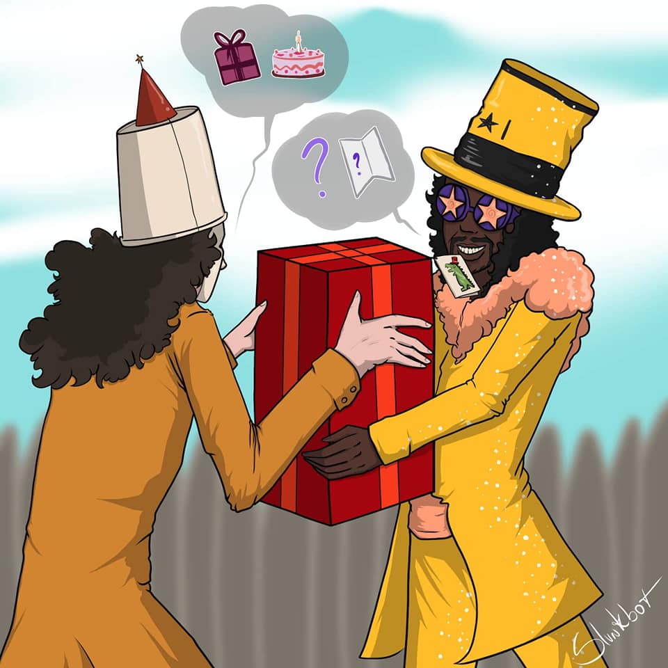 Bootsy_Collins's tweet photo. Happy Birthday to my electricfying friend, bandmate &amp; legendary guitar shredder Mr. "Buckethead"!🎂🎂🎂Show him how much u love him Right Now!🫡Thx u #Bucketbots &amp; #Metalheads!🤖Bootsy baby!!!🤩💃🐓 #Chickencoop #Rad #Bucketheadland #TheGiftofLove https://t.co/h6tlcAXvyU