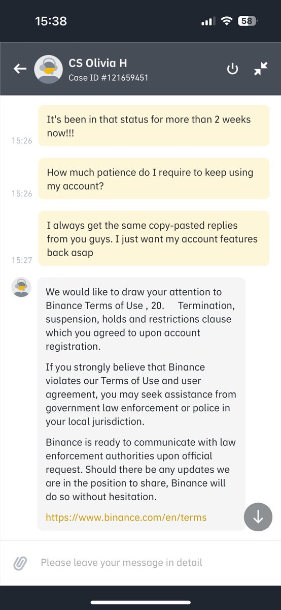 I cant make this shit up, Binance is so messed up. Been waiting for like 20 days already and they keep on sending those trashy copy-pasta messages. Now kinda taunting me about law enforcement wtf is this trash CEX bro. Not using it ever again for real. 

'Withdrawal suspended for